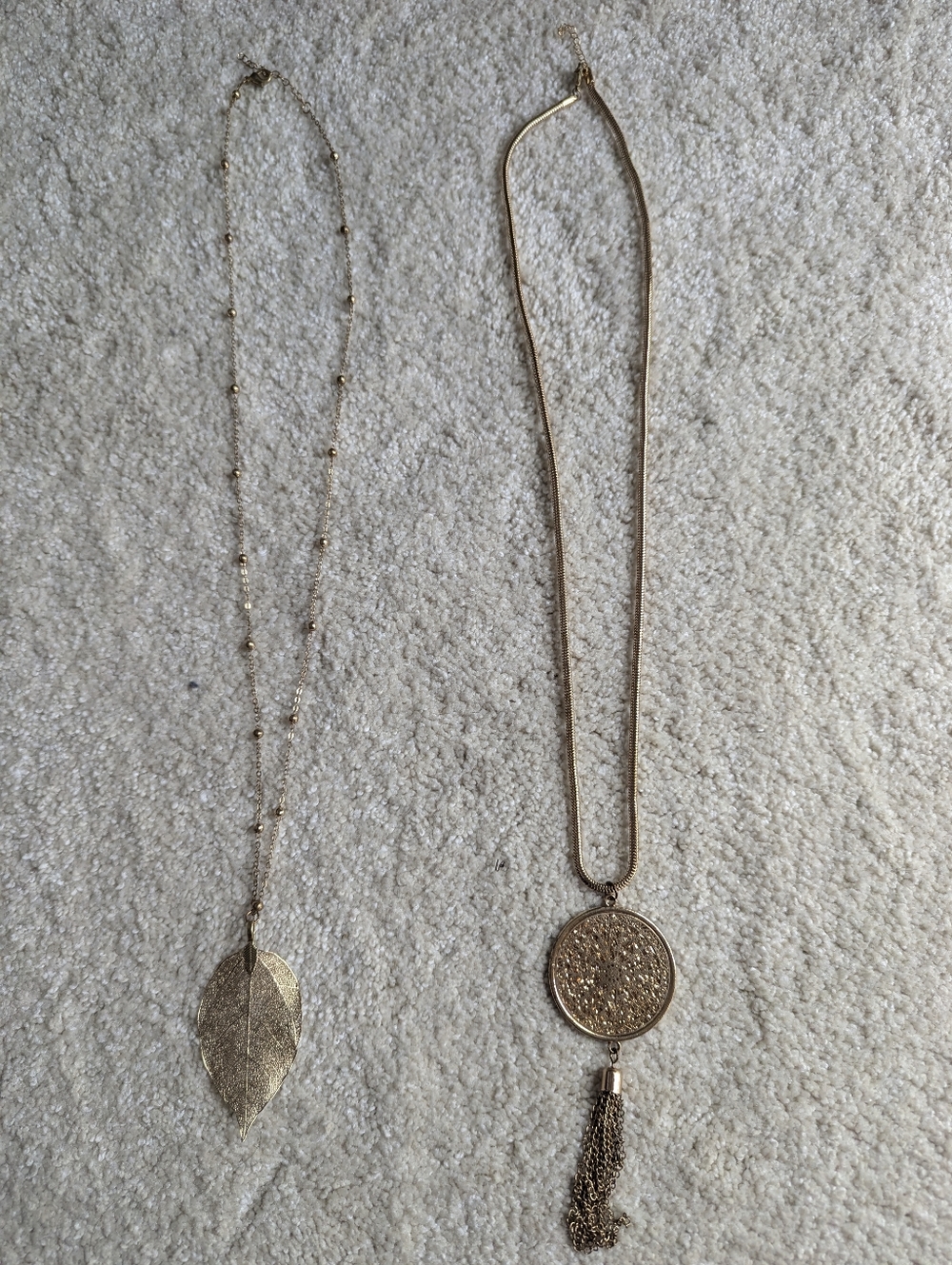 Bundle Of 2 - Gold Leaf and Round Tassel Pendant Necklaces - Women Jewelry